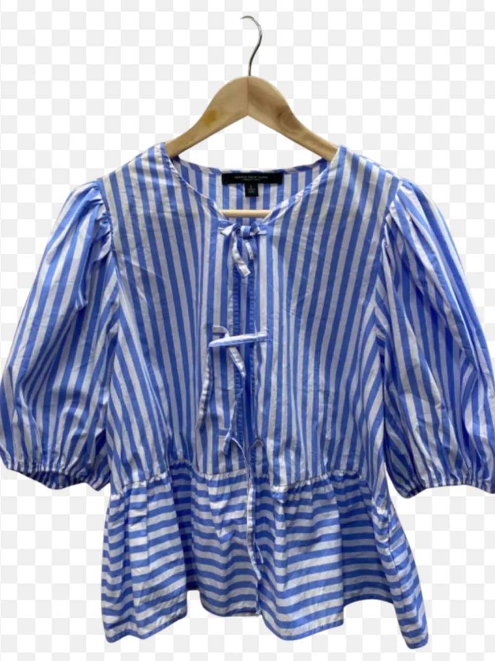 Andrew Marc Blue and White Striped Peplum Tie-Front Blouse